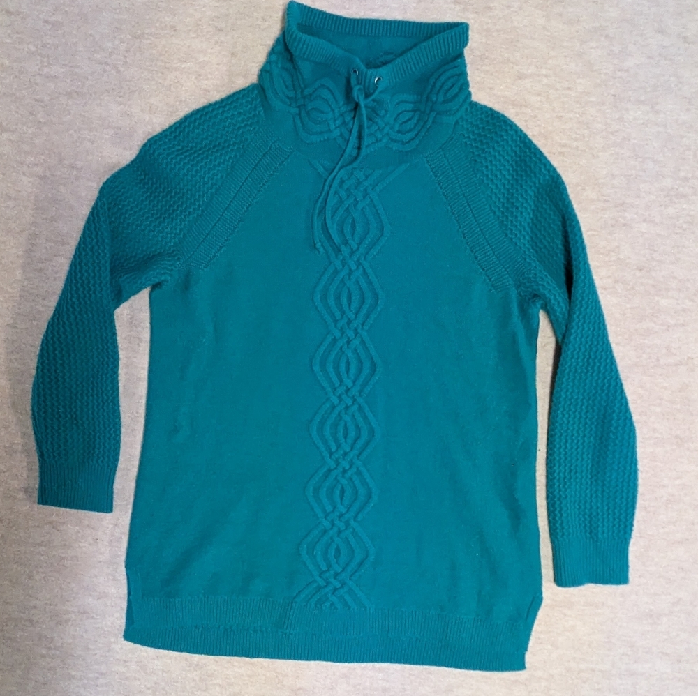 Talbots Sweater Womens Medium Deep Teal Fisherman Lambswool Cowl Neck Knit Top